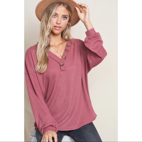 Jaxie's Unique Tops - Waffle Knit Top With Button Detail